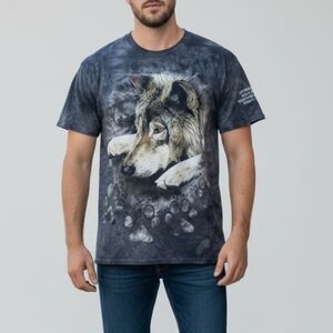 The Mountain Men's Vintage Gray Tie Dye Wolf Graphic Short Sleeve Tee Size Large